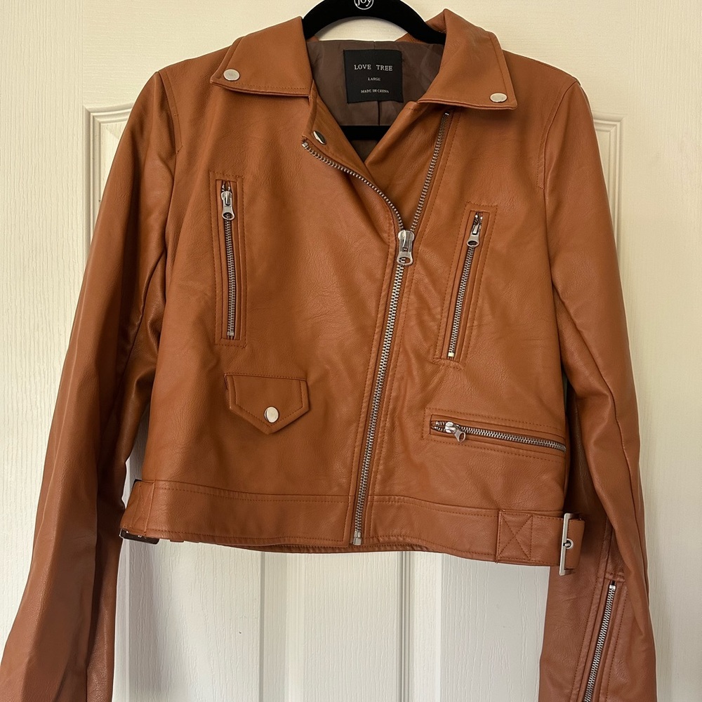 Brown Faux Leather Moto Jacket